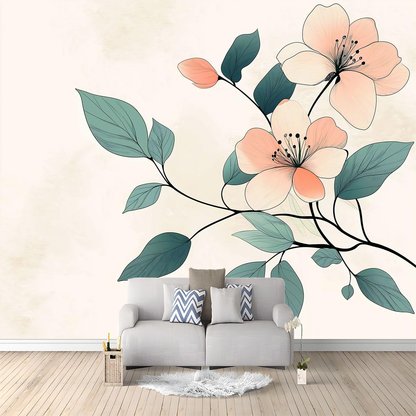Elegant Hand Drawn Flower Branches Wall Mural Wallpaper Natural
